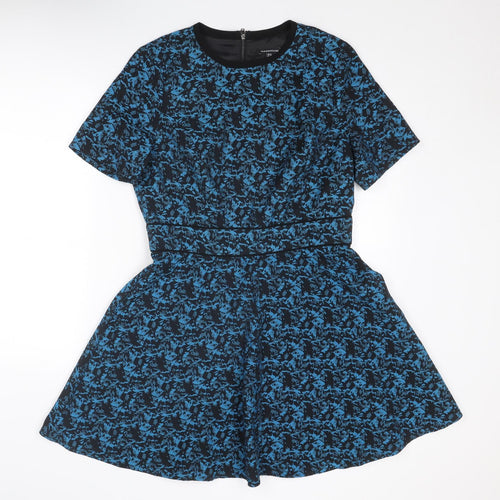 Warehouse Womens Blue Geometric Polyester Fit & Flare Size 14 Round Neck Zip