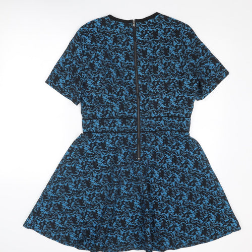 Warehouse Womens Blue Geometric Polyester Fit & Flare Size 14 Round Neck Zip