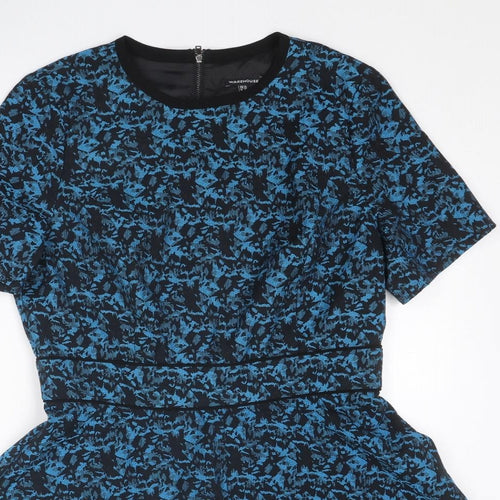 Warehouse Womens Blue Geometric Polyester Fit & Flare Size 14 Round Neck Zip