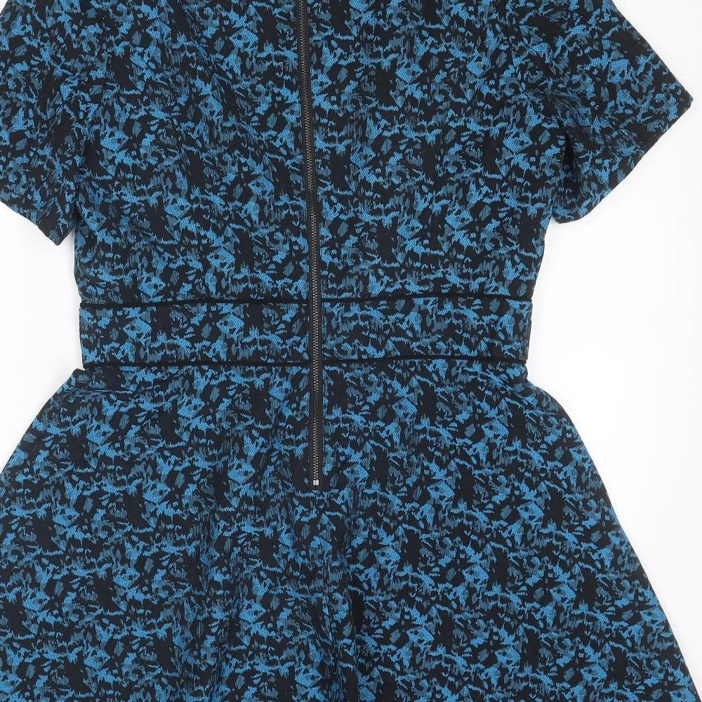 Warehouse Womens Blue Geometric Polyester Fit & Flare Size 14 Round Neck Zip