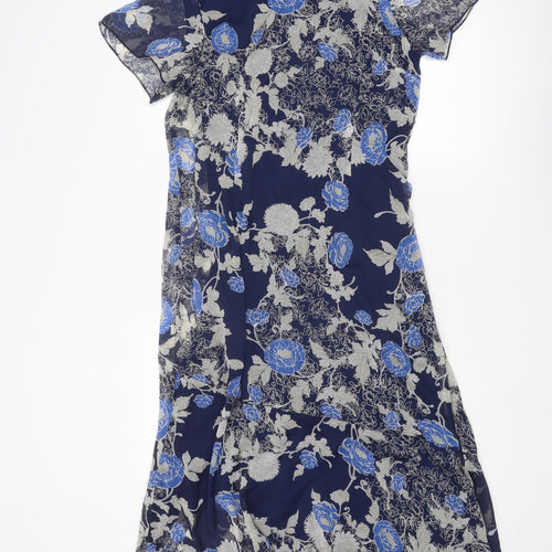 Damart Womens Blue Floral Polyester Sheath Size 16 Round Neck Pullover