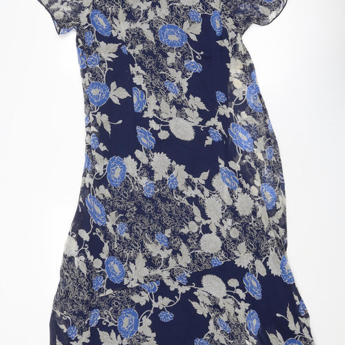 Damart Womens Blue Floral Polyester Sheath Size 16 Round Neck Pullover