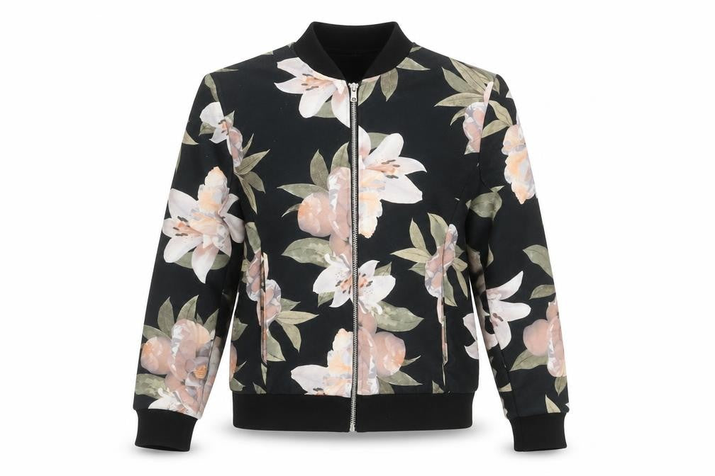 Front view of New Look women’s black floral jacket, size UK 6, zip