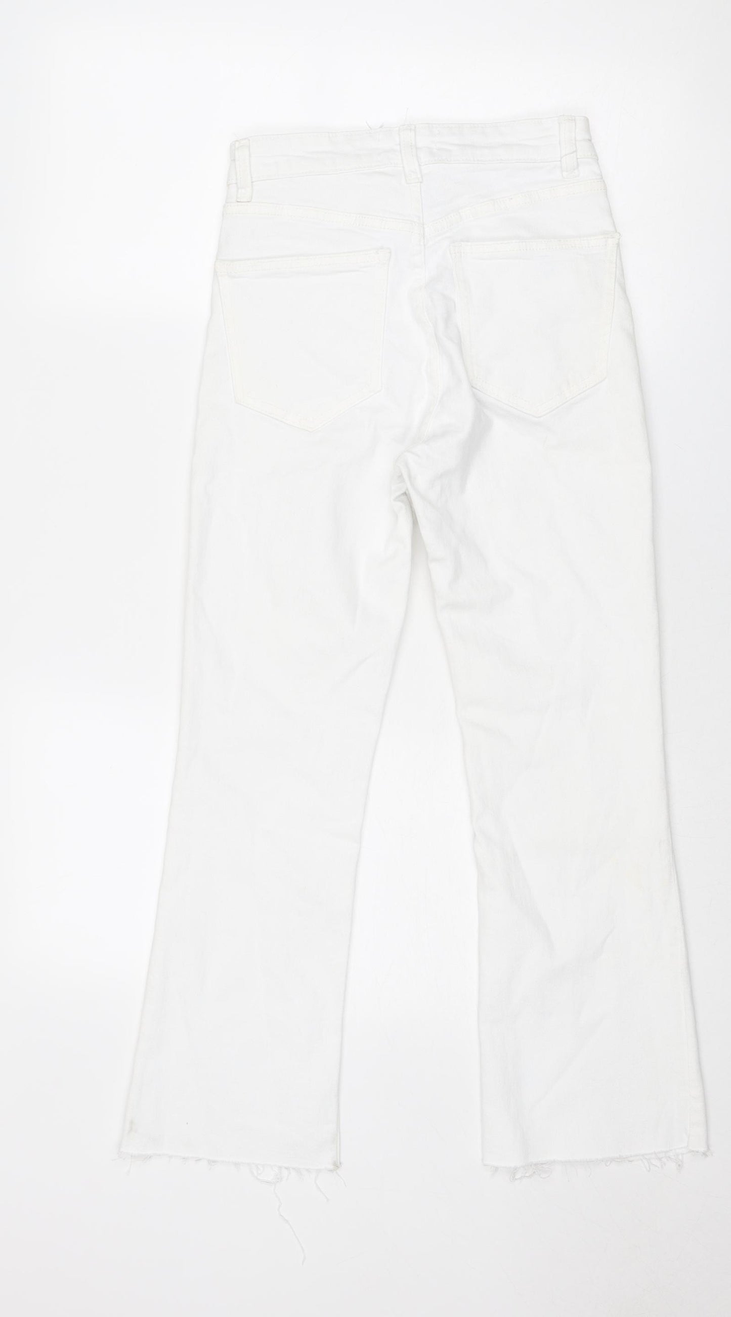 Zara Womens White Cotton Bootcut Jeans Size 8 Regular Zip - Distressed Hems