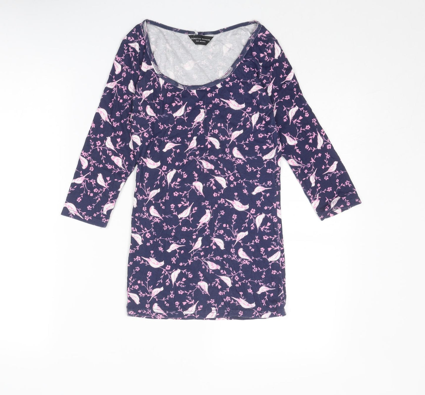 Dorothy Perkins Womens Blue Geometric Cotton Basic T-Shirt Size 8 Scoop Neck