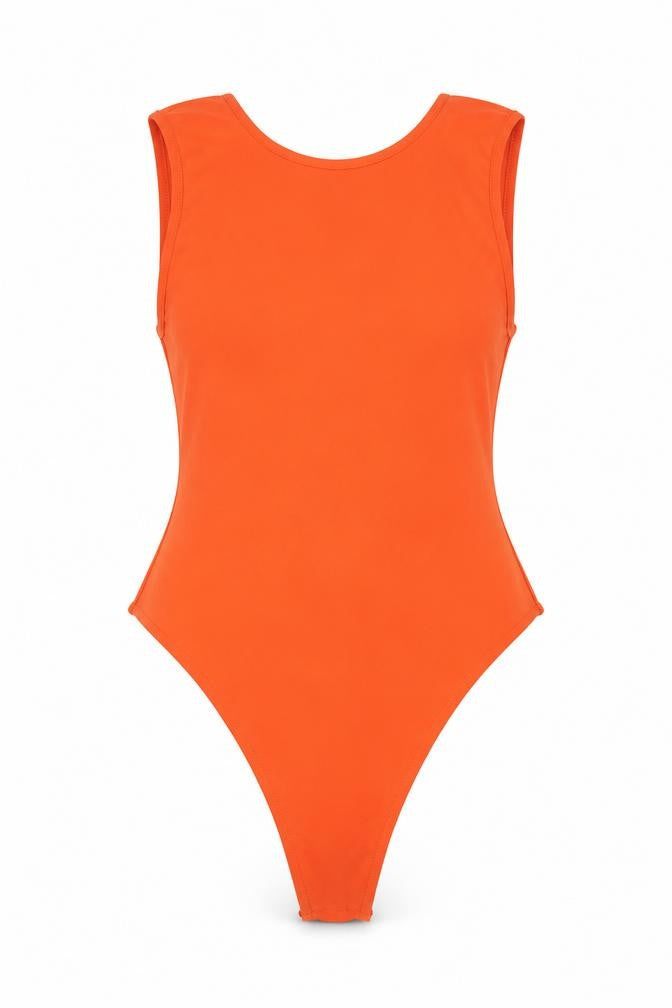 Front view of PRETTYLITTLETHING women’s orange polyester bodysuit one-piece, size UK 14, zip - open back