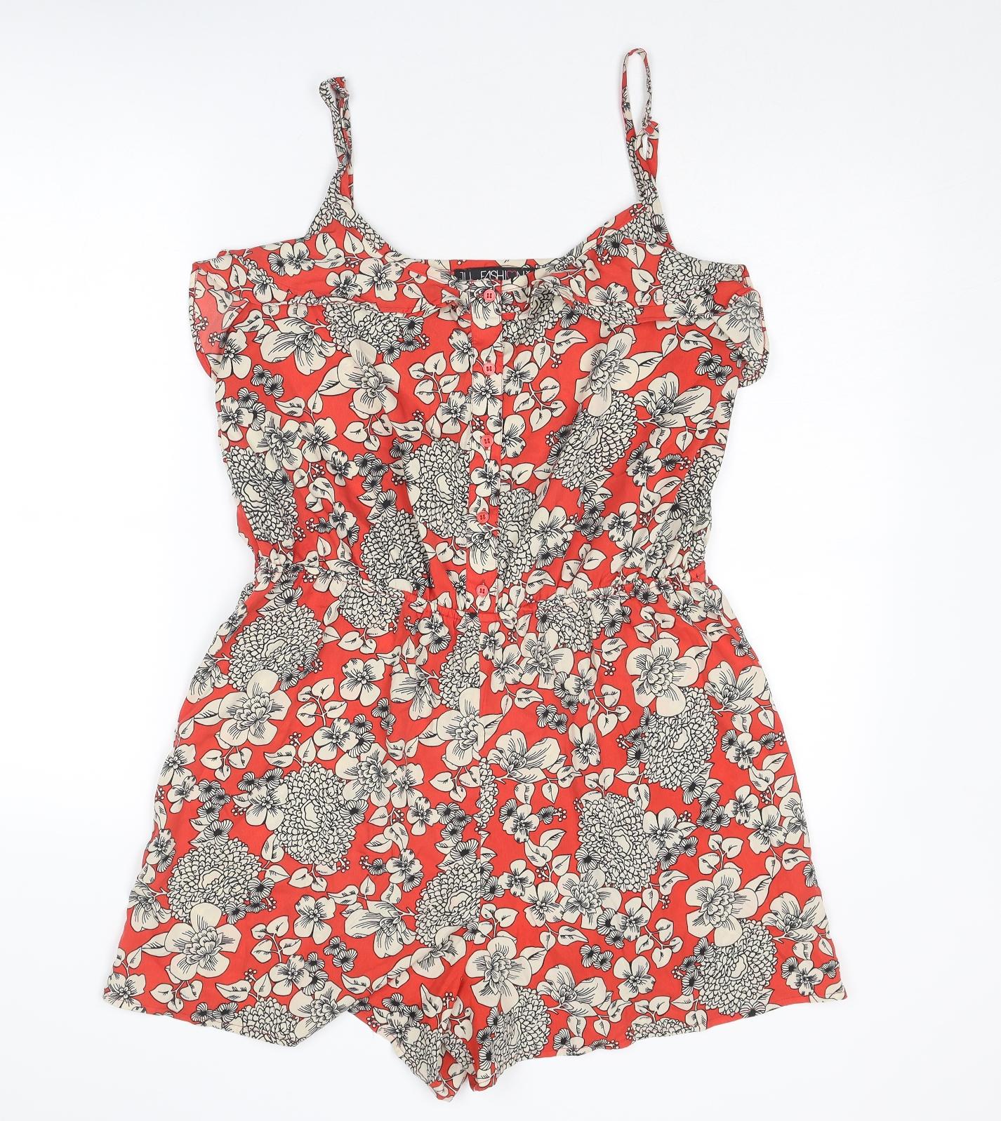 Fashion Box Womens Red Floral Polyester Playsuit One-Piece Size 14 Pullover