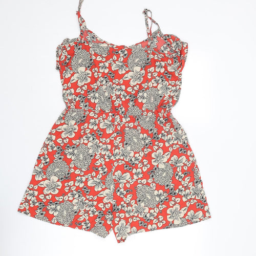 Fashion Box Womens Red Floral Polyester Playsuit One-Piece Size 14 Pullover