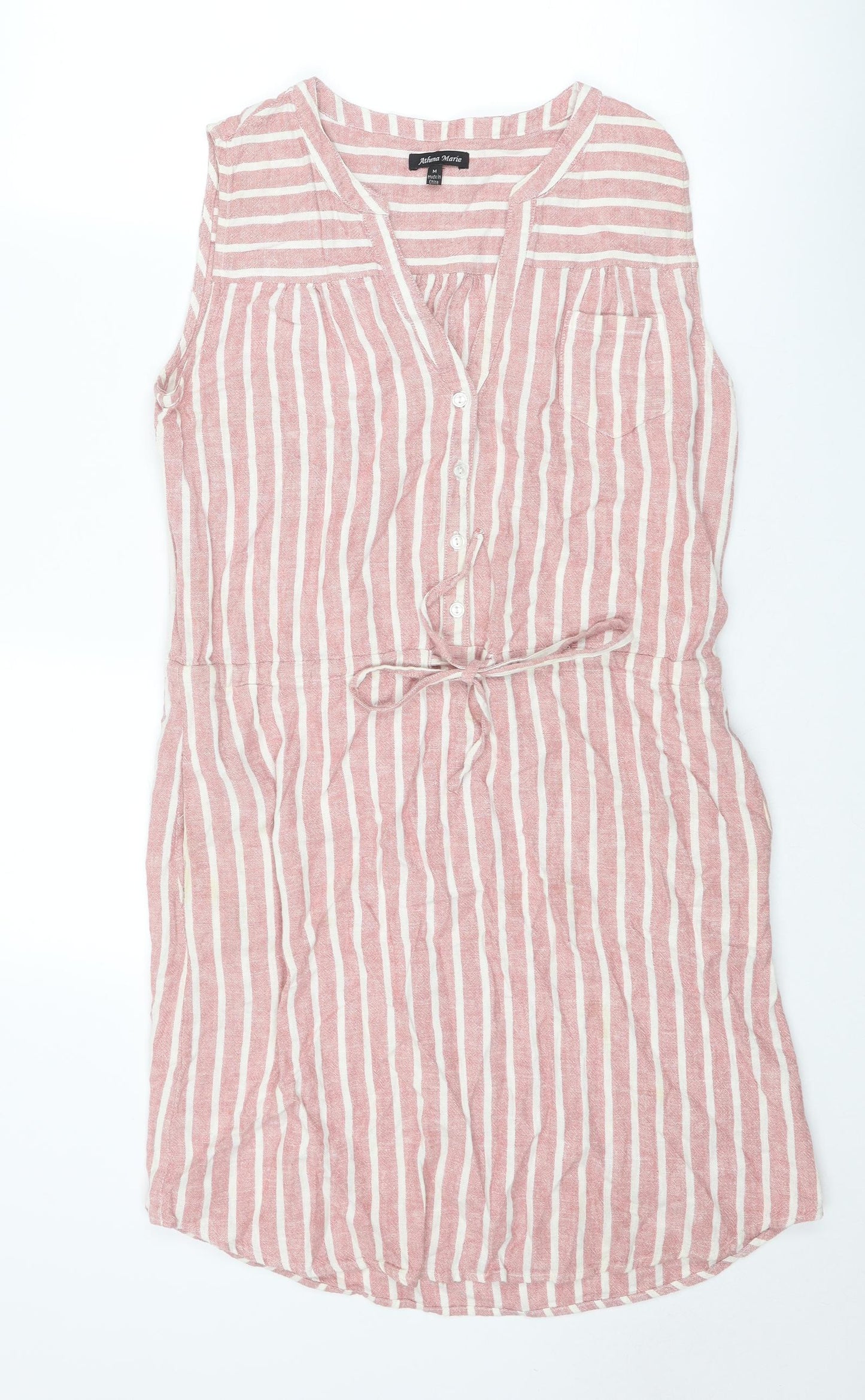 Athena Marie Womens Pink Striped Linen A-Line Size M V-Neck Button