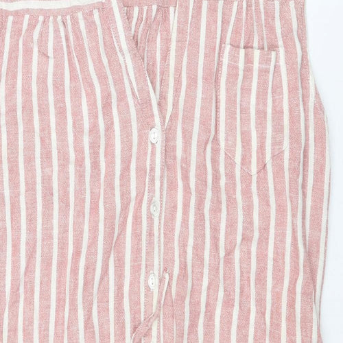Athena Marie Womens Pink Striped Linen A-Line Size M V-Neck Button