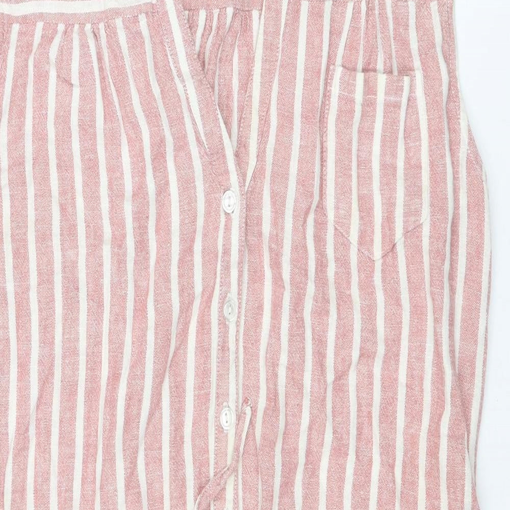 Athena Marie Womens Pink Striped Linen A-Line Size M V-Neck Button