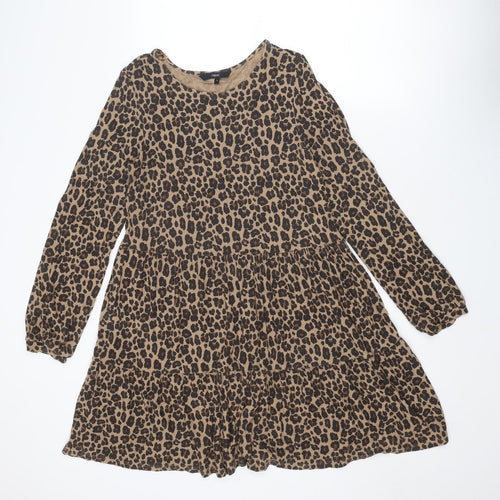 NEXT Womens Brown Animal Print Viscose Skater Dress Size S Round Neck Pullover - Leopard pattern