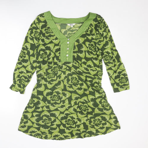 M&Co Womens Green Floral Viscose A-Line Size L V-Neck Button