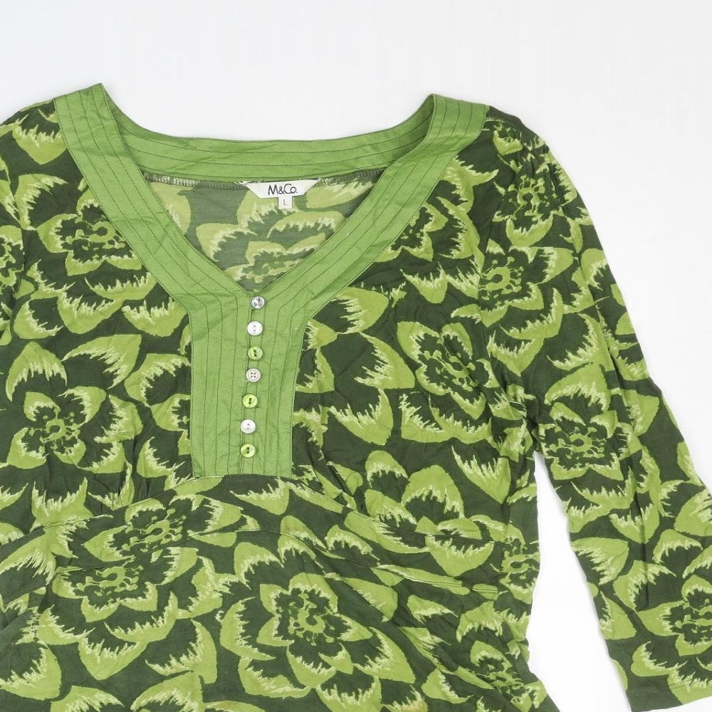 M&Co Womens Green Floral Viscose A-Line Size L V-Neck Button