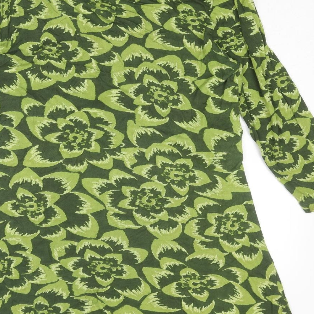 M&Co Womens Green Floral Viscose A-Line Size L V-Neck Button