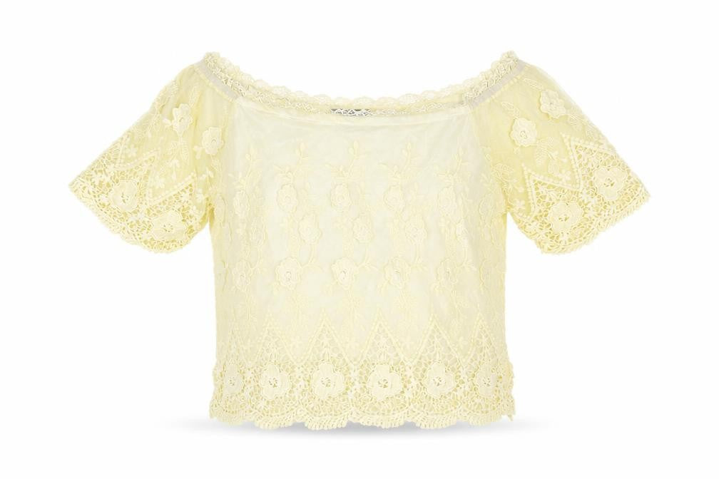 Front view of Parisian Collection women’s yellow polyester basic blouse, size S, off the shoulder -, size S-m