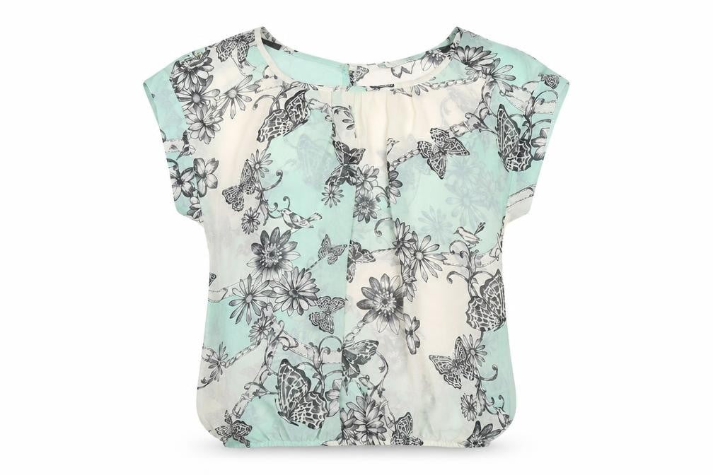 Front view of Dorothy Perkins women’s multicoloured floral polyester basic blouse, size UK 8, boat neck