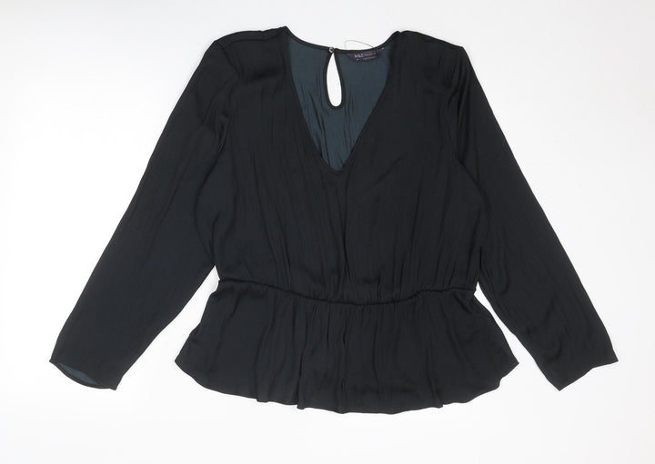 Marks and Spencer Womens Black Polyester Basic Blouse Size 20 V-Neck - Peplum