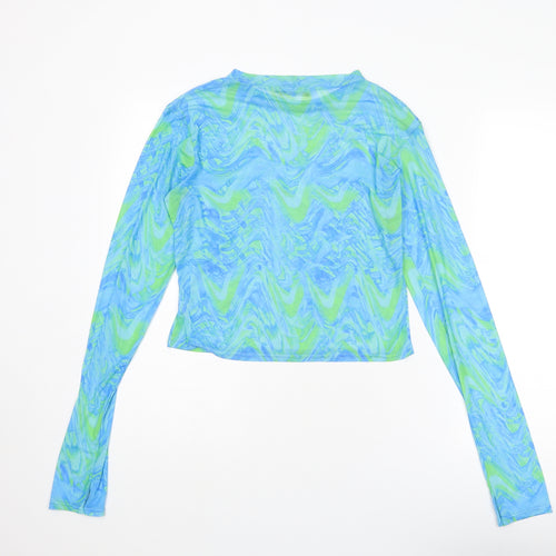 PRETTYLITTLETHING Womens Blue Geometric Polyester Basic T-Shirt Size 14 Round Neck