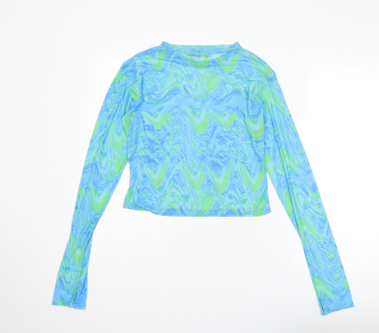 PRETTYLITTLETHING Womens Blue Geometric Polyester Basic T-Shirt Size 14 Round Neck