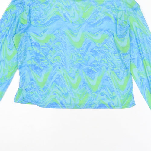 PRETTYLITTLETHING Womens Blue Geometric Polyester Basic T-Shirt Size 14 Round Neck