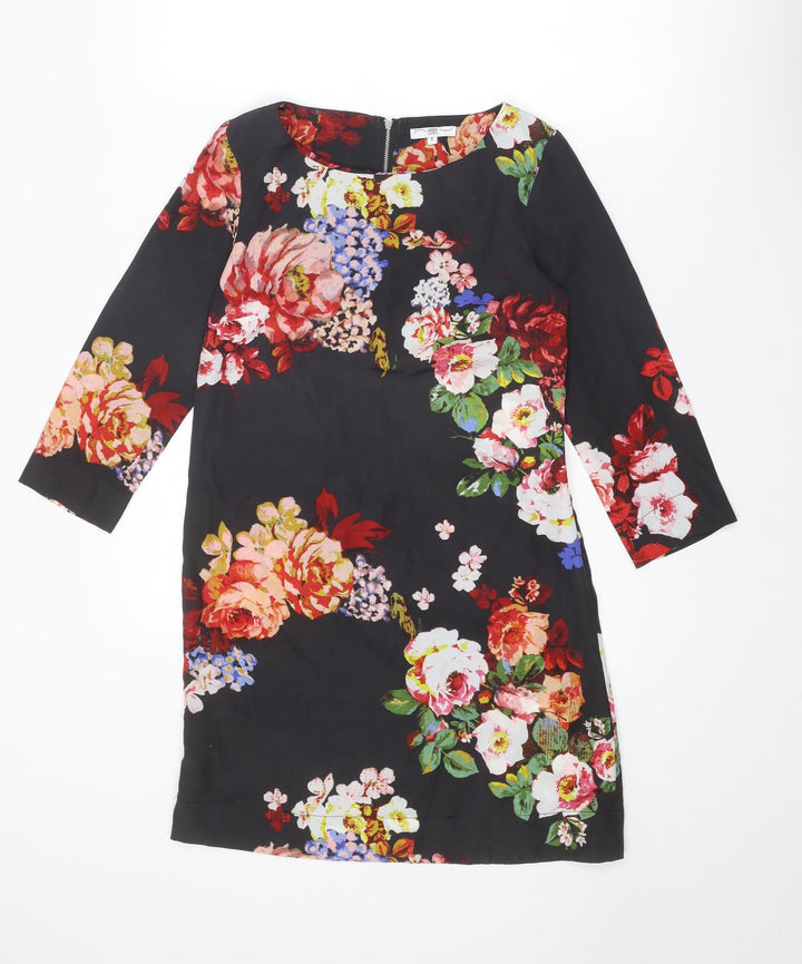 New Look Womens Black Floral Polyester A-Line Size 6 Round Neck Zip