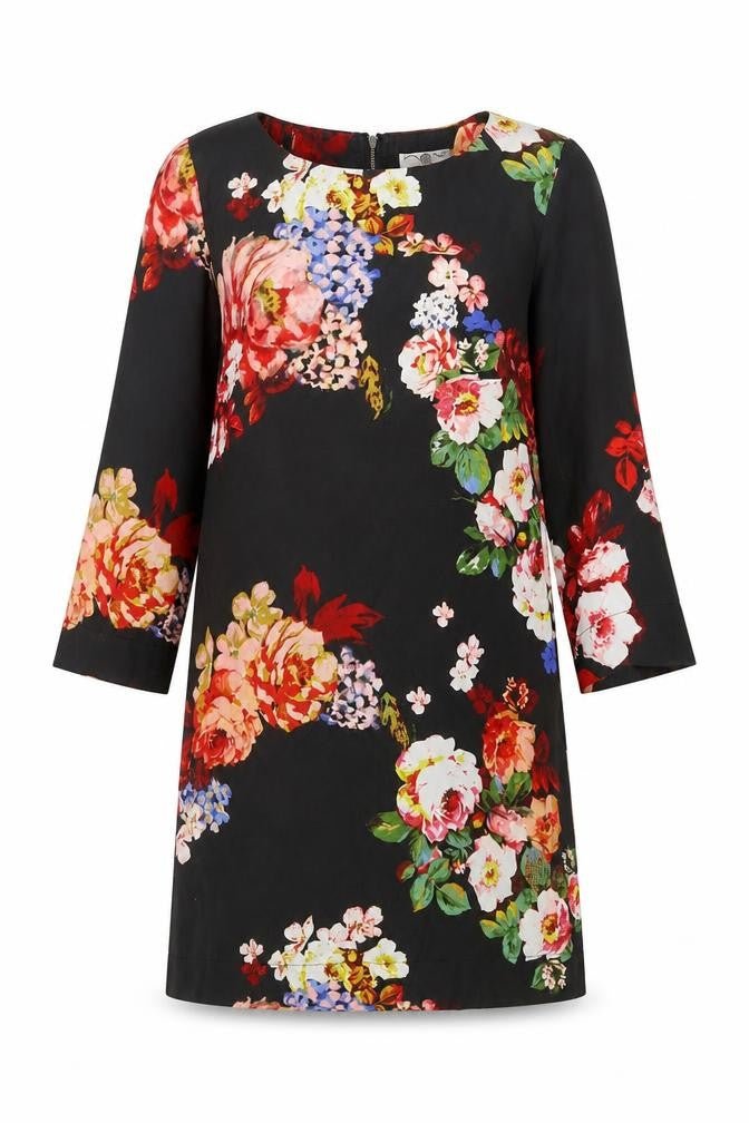 New Look Womens Black Floral Polyester A-Line Size 6 Round Neck Zip
