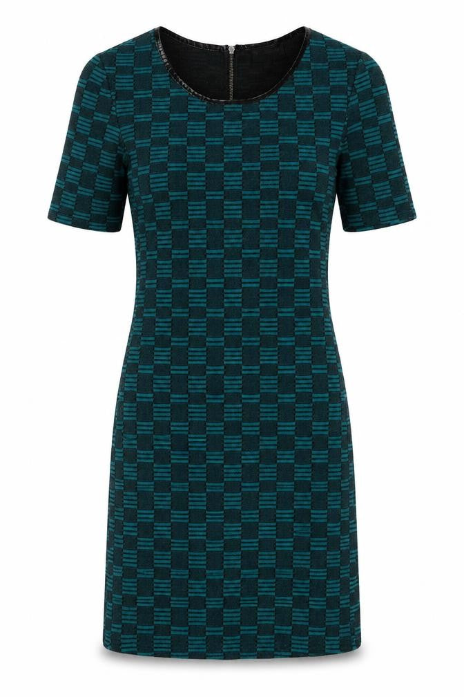 Front view of Topshop women’s green check polyester a-line, size UK 8, round neck zip