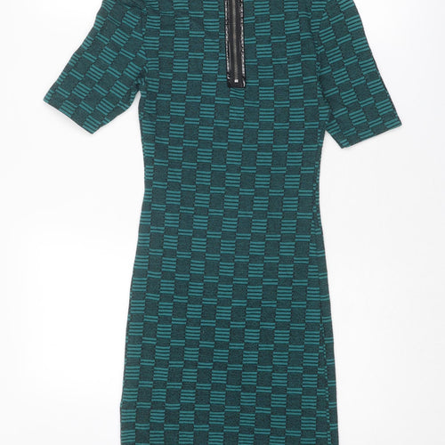 Topshop Womens Green Check Polyester A-Line Size 8 Round Neck Zip