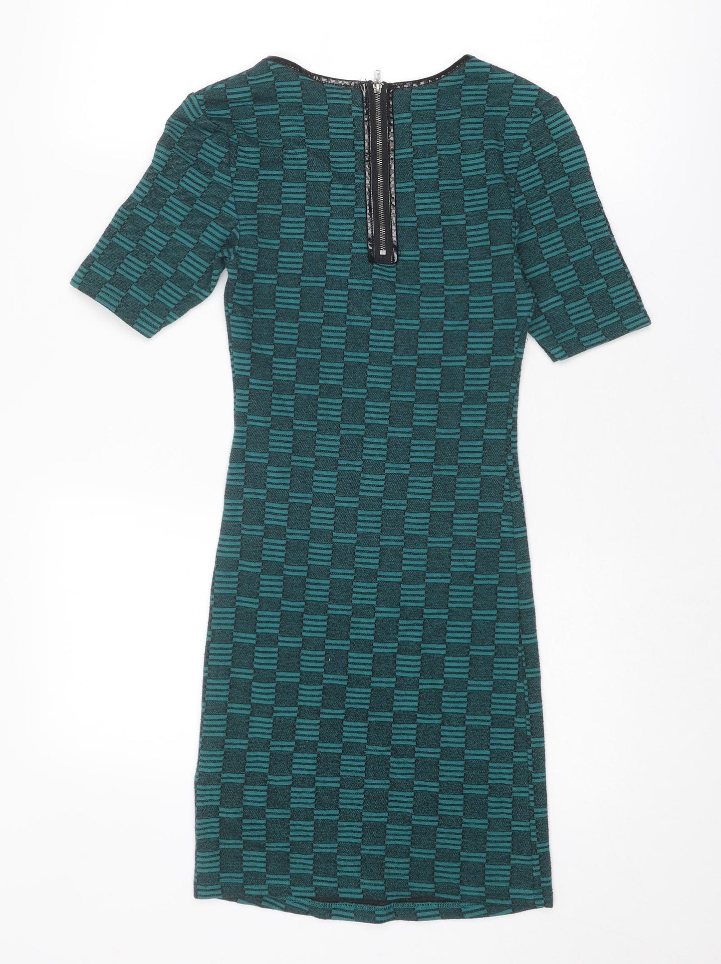 Topshop Womens Green Check Polyester A-Line Size 8 Round Neck Zip