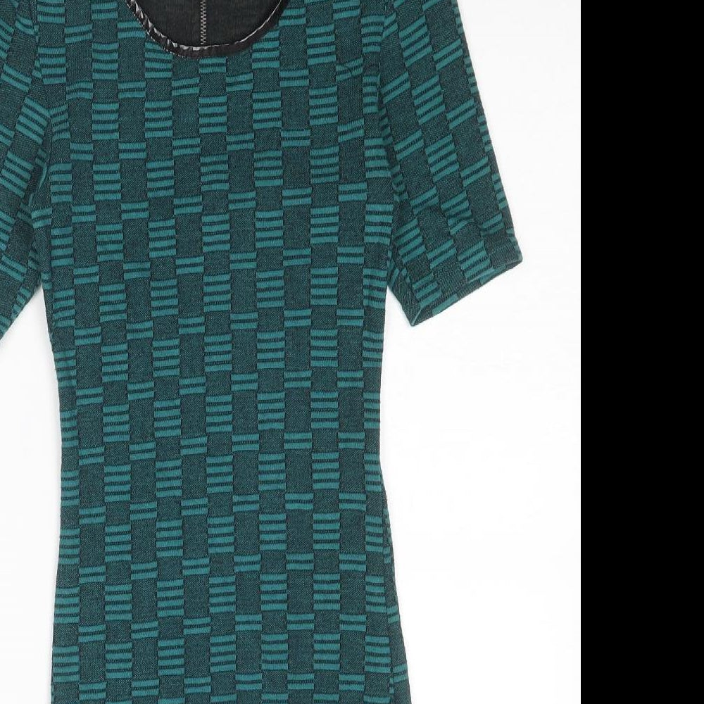 Topshop Womens Green Check Polyester A-Line Size 8 Round Neck Zip