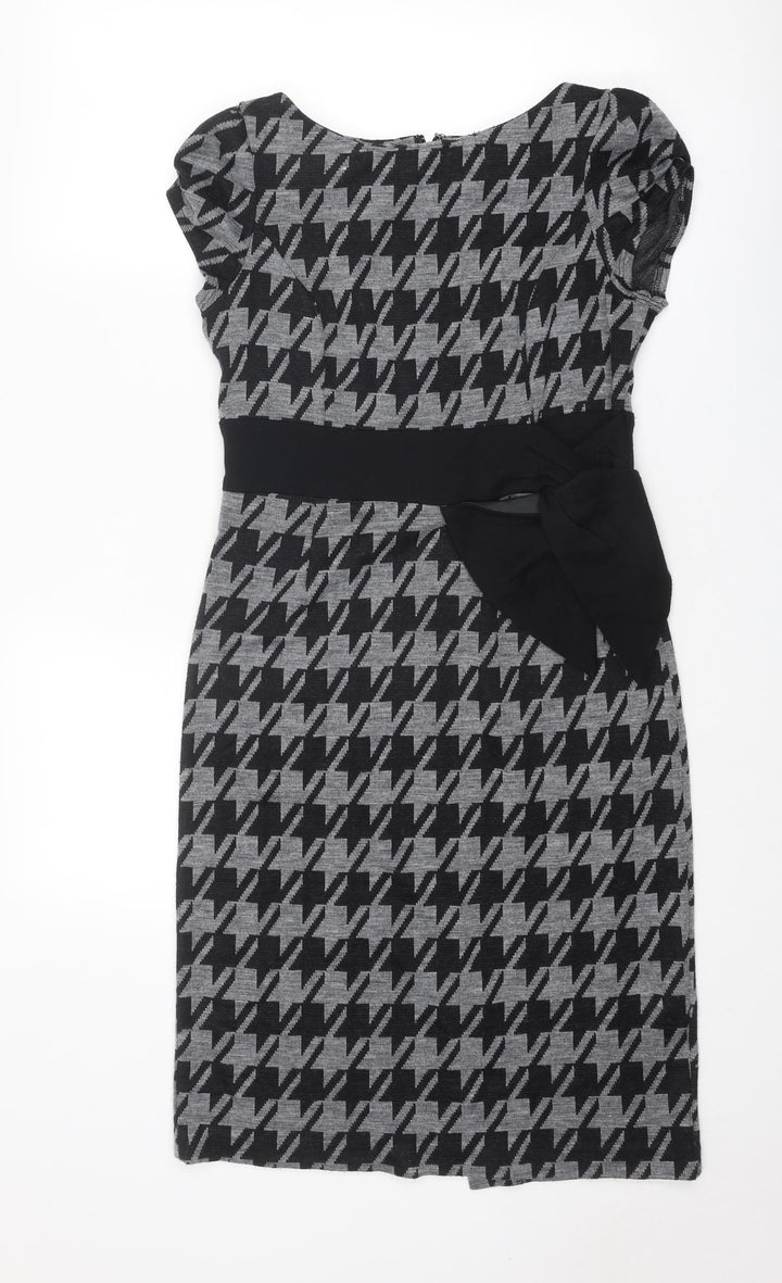 Per Una Womens Grey Houndstooth Acrylic Shift Size 12 Round Neck Zip