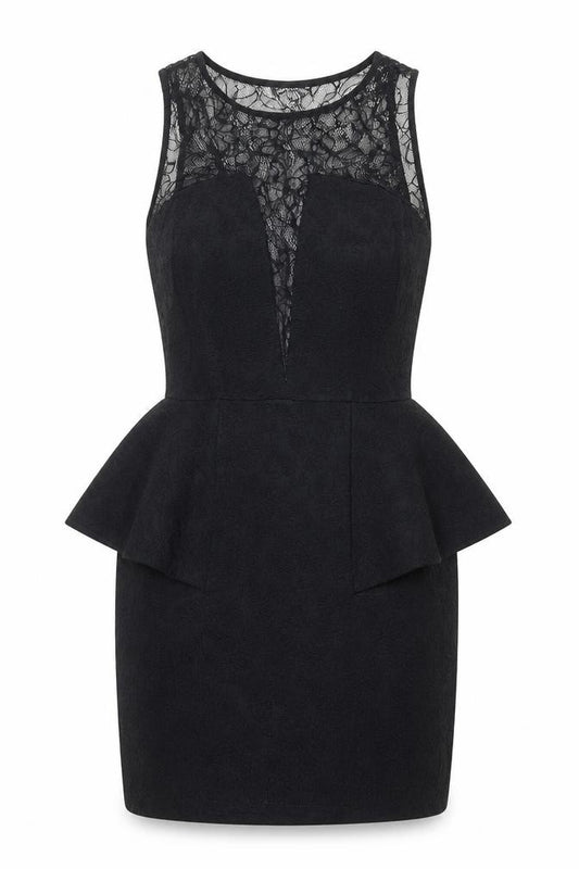 Front view of Warehouse women’s black floral polyester a-line, size UK 12, round neck pullover