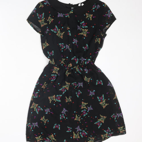 New Look Womens Black Geometric Polyester A-Line Size 8 Collared Button - Butterfly Pattern
