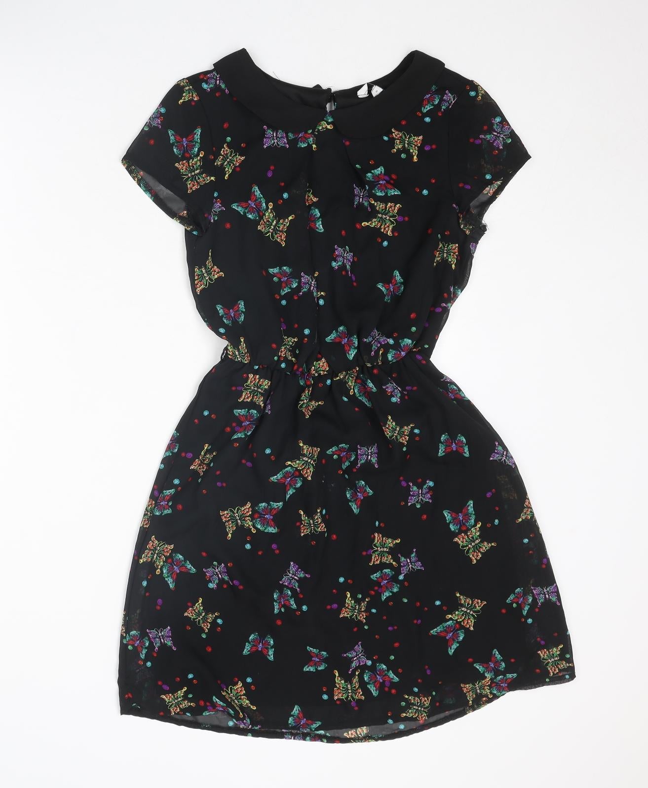 New Look Womens Black Geometric Polyester A-Line Size 8 Collared Button - Butterfly Pattern