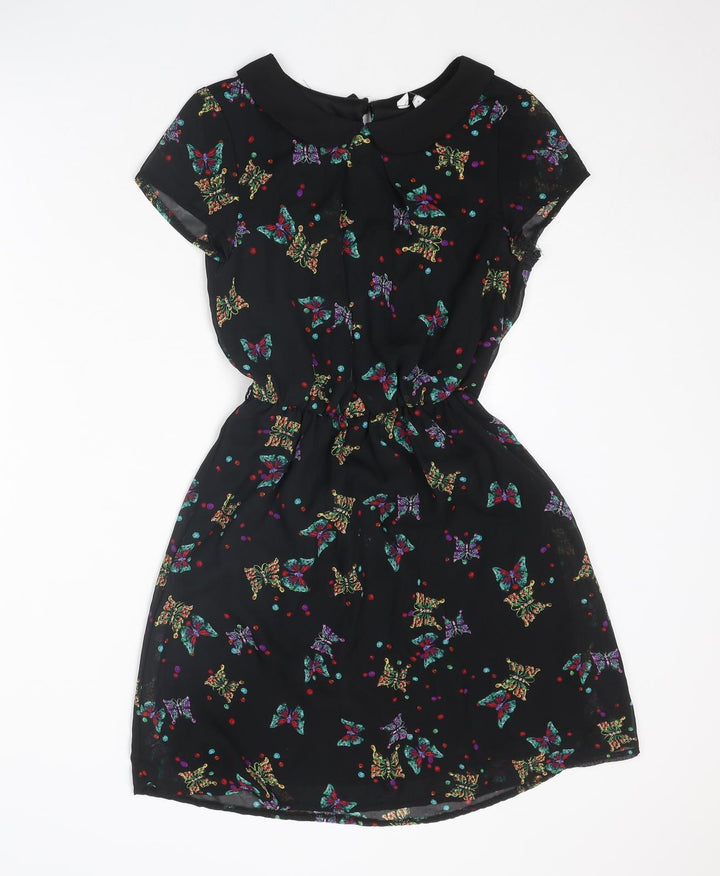 New Look Womens Black Geometric Polyester A-Line Size 8 Collared Button - Butterfly Pattern