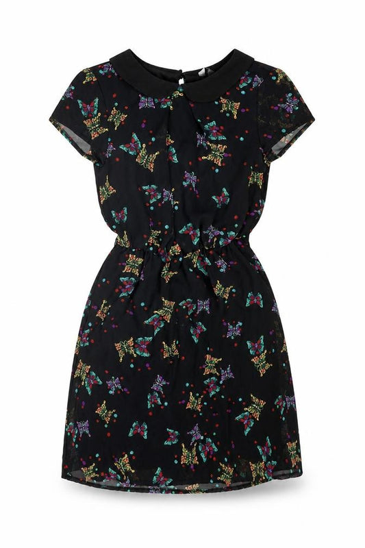 Front view of New Look women’s black geometric polyester a-line, size UK 8, collared button - butterfly pattern