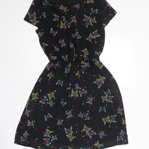 New Look Womens Black Geometric Polyester A-Line Size 8 Collared Button - Butterfly Pattern
