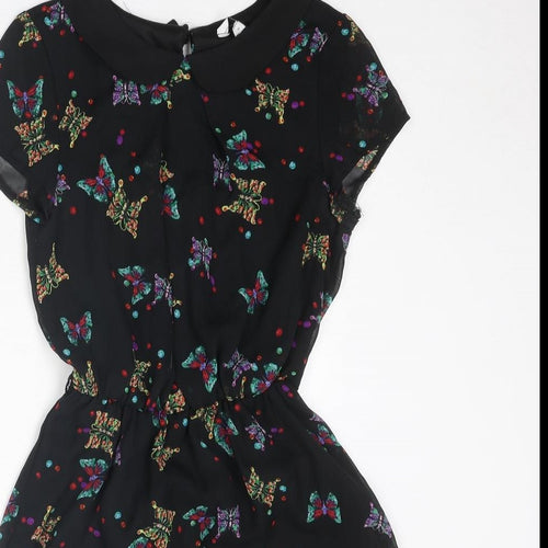 New Look Womens Black Geometric Polyester A-Line Size 8 Collared Button - Butterfly Pattern