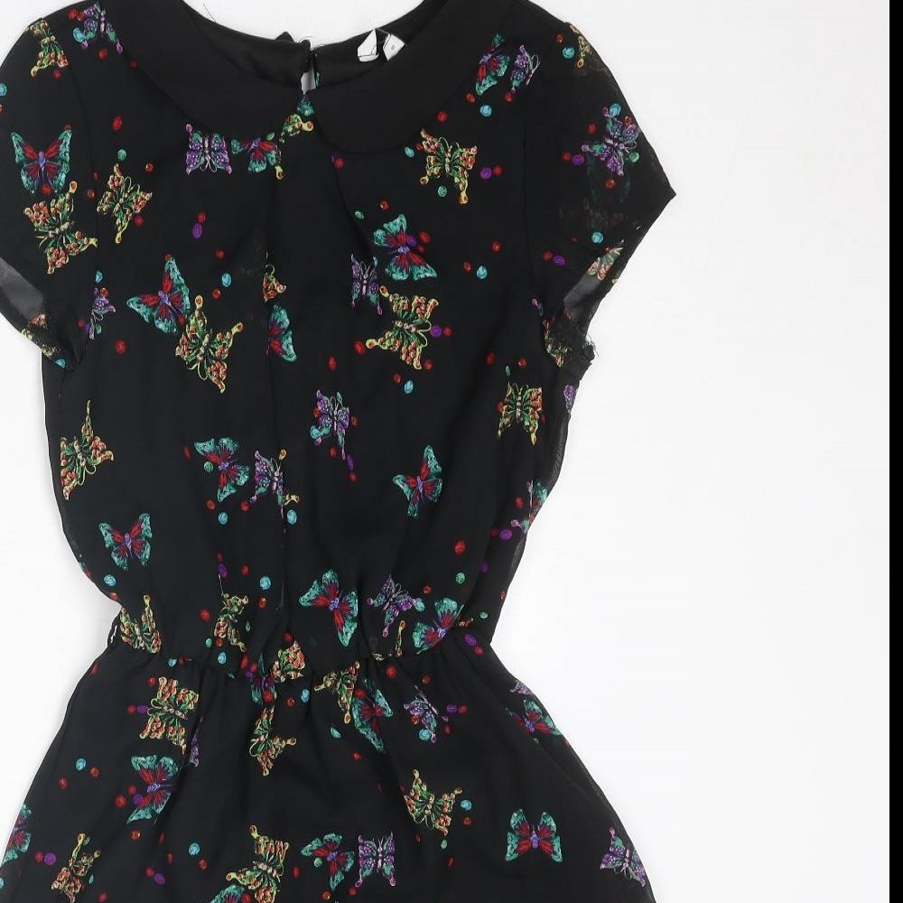 New Look Womens Black Geometric Polyester A-Line Size 8 Collared Button - Butterfly Pattern