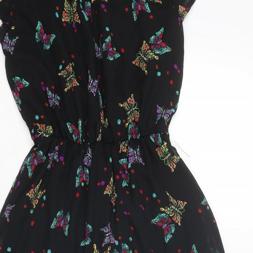New Look Womens Black Geometric Polyester A-Line Size 8 Collared Button - Butterfly Pattern