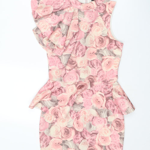 River Island Womens Pink Floral Polyester Bodycon Size 6 One Shoulder Zip