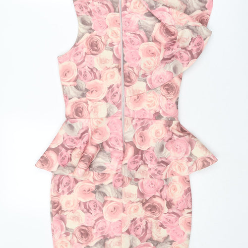 River Island Womens Pink Floral Polyester Bodycon Size 6 One Shoulder Zip