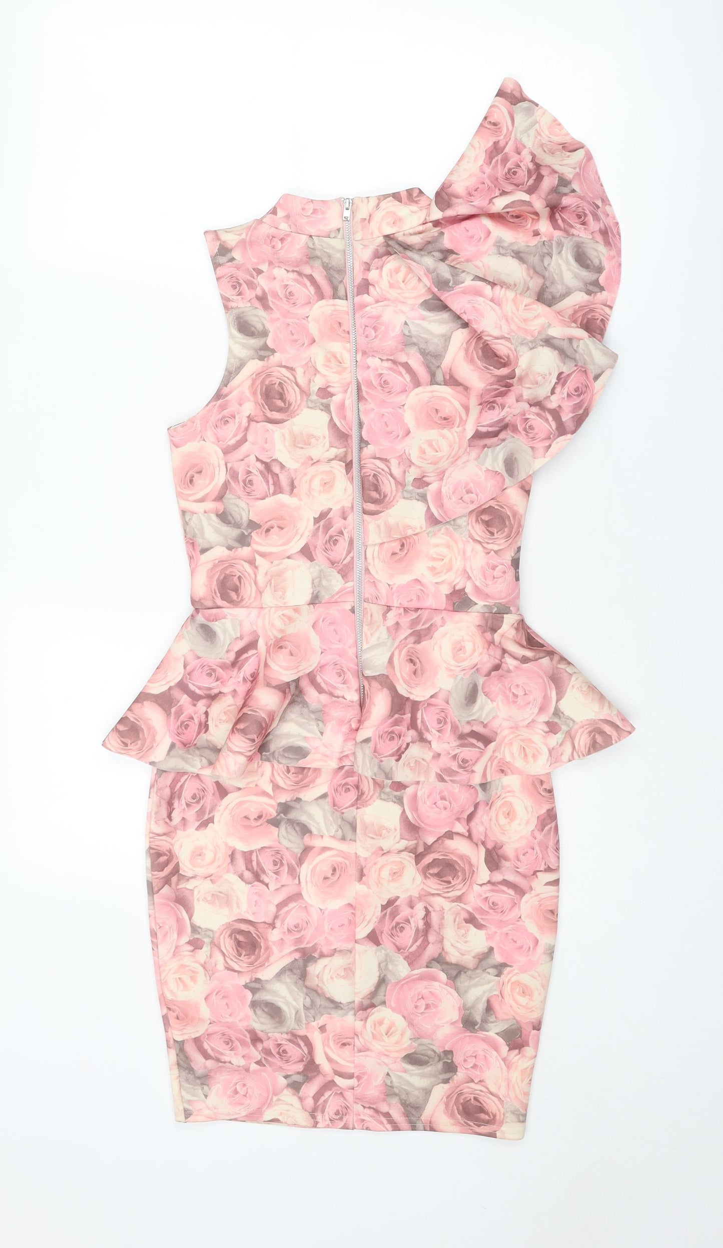 River Island Womens Pink Floral Polyester Bodycon Size 6 One Shoulder Zip