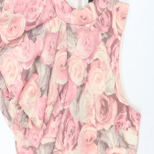 River Island Womens Pink Floral Polyester Bodycon Size 6 One Shoulder Zip