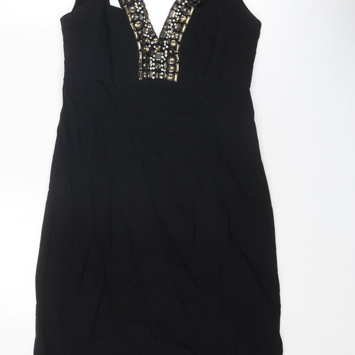 Debenhams Womens Black Polyester Pencil Dress Size 16 V-Neck Zip - Embellished Neckline