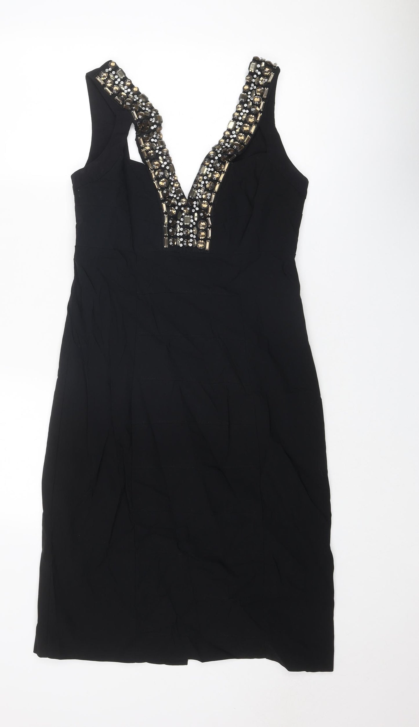 Debenhams Womens Black Polyester Pencil Dress Size 16 V-Neck Zip - Embellished Neckline