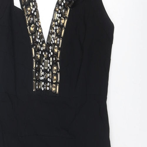 Debenhams Womens Black Polyester Pencil Dress Size 16 V-Neck Zip - Embellished Neckline