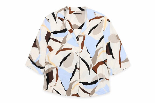 Front view of Marks & Spencer women’s multicoloured geometric viscose basic button-up, size UK 8, collared