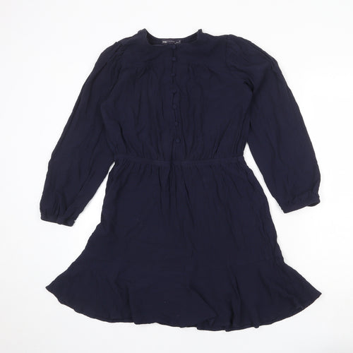 Marks and Spencer Womens Blue Viscose Fit & Flare Size 12 Round Neck Button